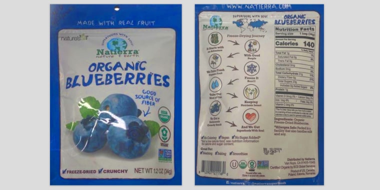 Urgent nationwide voluntary recall of natierra organic freeze dried blueberry lot 2021363 1 2022026 1 due to levels of lead