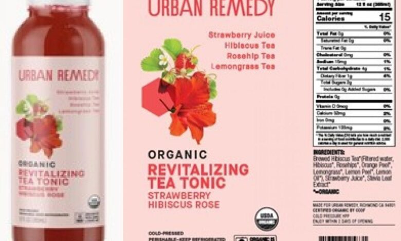 Urban remedy recalls urban remedy organic revitalizing tea tonic strawberry hibiscus rose due to possible hepatitis a contamination