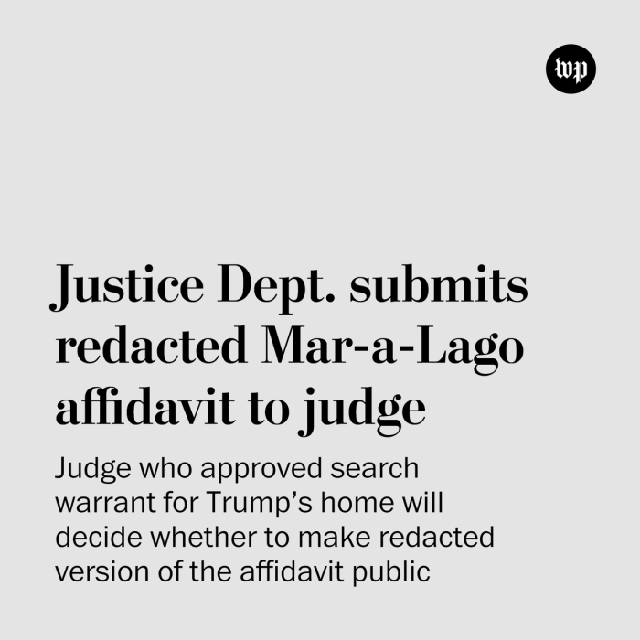 Judge orders release of affidavit with redactions but orders doj to focus on certain issues