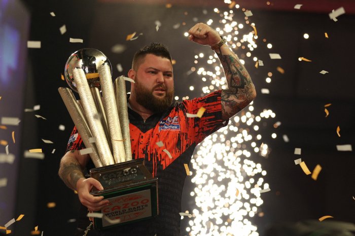 Hungarian darts trophy michael van gerwen hits nine darter as luke humphries dumped out