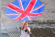 Wearing face over oxford puddle country street jump lockdown pedestrians relax masks restrictions two