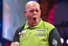 Hungarian darts trophy michael van gerwen hits nine darter as luke humphries dumped out