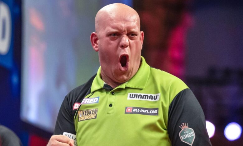 Hungarian darts trophy michael van gerwen hits nine darter as luke humphries dumped out